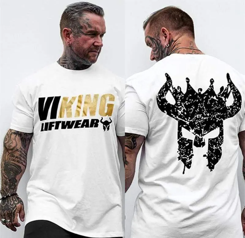 Männer Fitnessstudio Fitness Bodybuilding T-Shirt Kurzarm Bedrucktes Baumwoll-T-Shirt Lässige Mode Schwarz T-Shirts Crossfit Markenkleidung