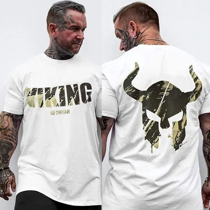 Männer Fitnessstudio Fitness Bodybuilding T-Shirt Kurzarm Bedrucktes Baumwoll-T-Shirt Lässige Mode Schwarz T-Shirts Crossfit Markenkleidung