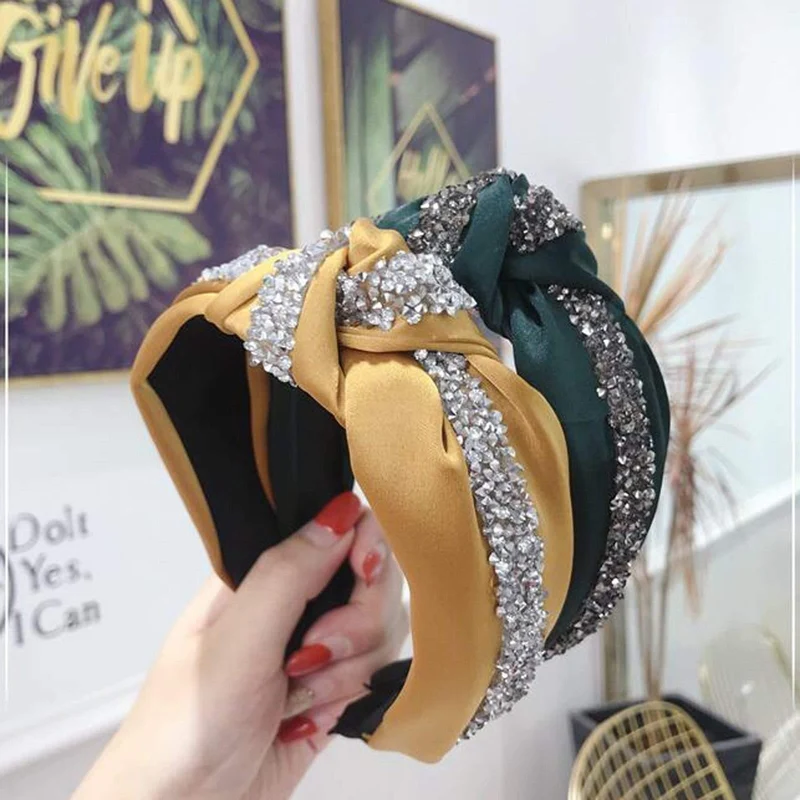 Strass Haarband Frauen Feste Breite Seite Stirnband Mittleren Knoten Turban Mädchen Herbst Winter Haar Zubehör Kopfbedeckung