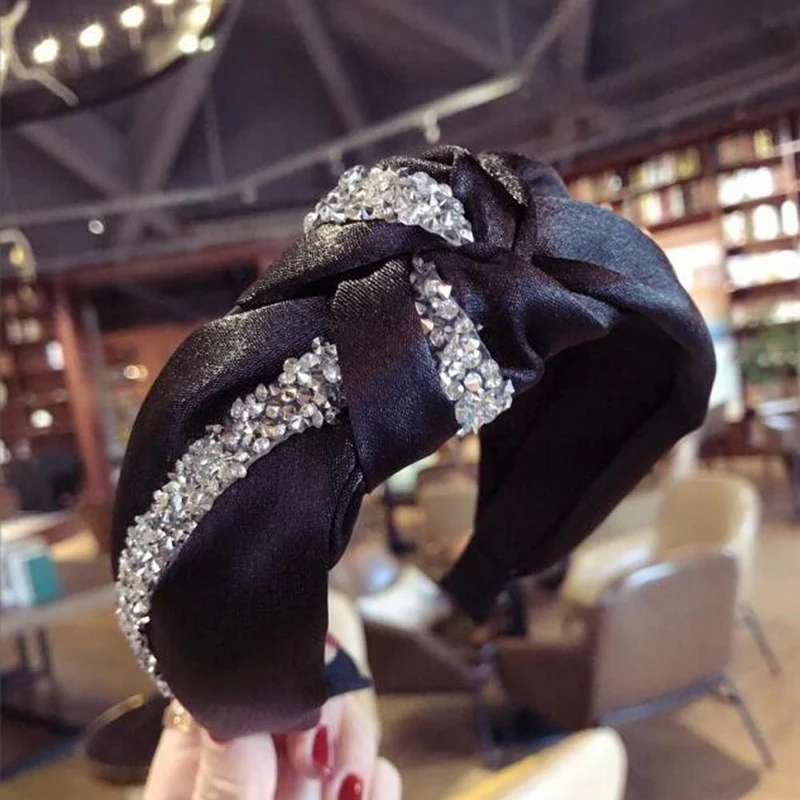 Strass Haarband Frauen Feste Breite Seite Stirnband Mittleren Knoten Turban Mädchen Herbst Winter Haar Zubehör Kopfbedeckung