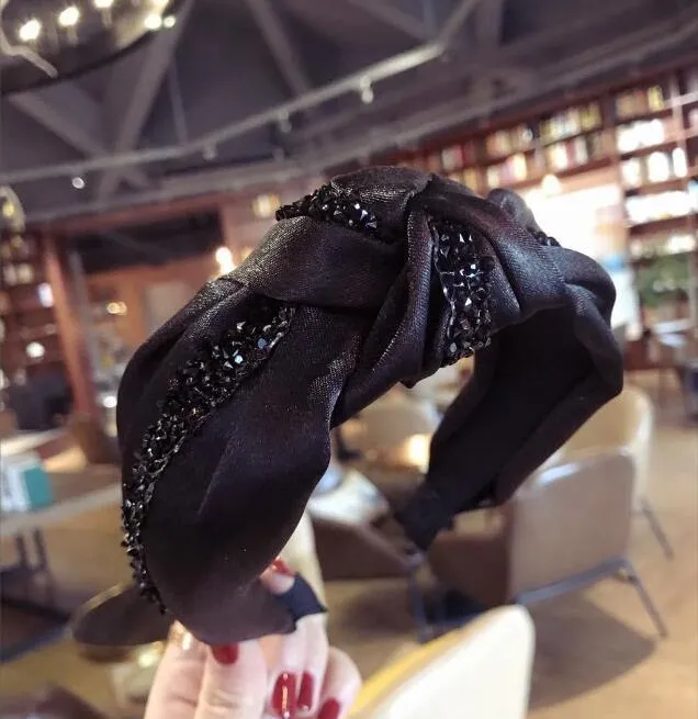 Strass Haarband Frauen Feste Breite Seite Stirnband Mittleren Knoten Turban Mädchen Herbst Winter Haar Zubehör Kopfbedeckung