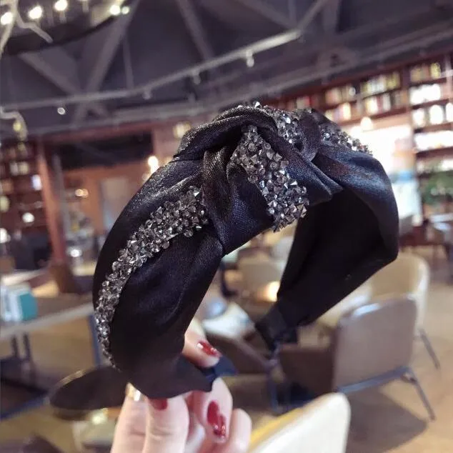 Strass Haarband Frauen Feste Breite Seite Stirnband Mittleren Knoten Turban Mädchen Herbst Winter Haar Zubehör Kopfbedeckung