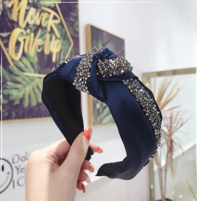 Strass Haarband Frauen Feste Breite Seite Stirnband Mittleren Knoten Turban Mädchen Herbst Winter Haar Zubehör Kopfbedeckung