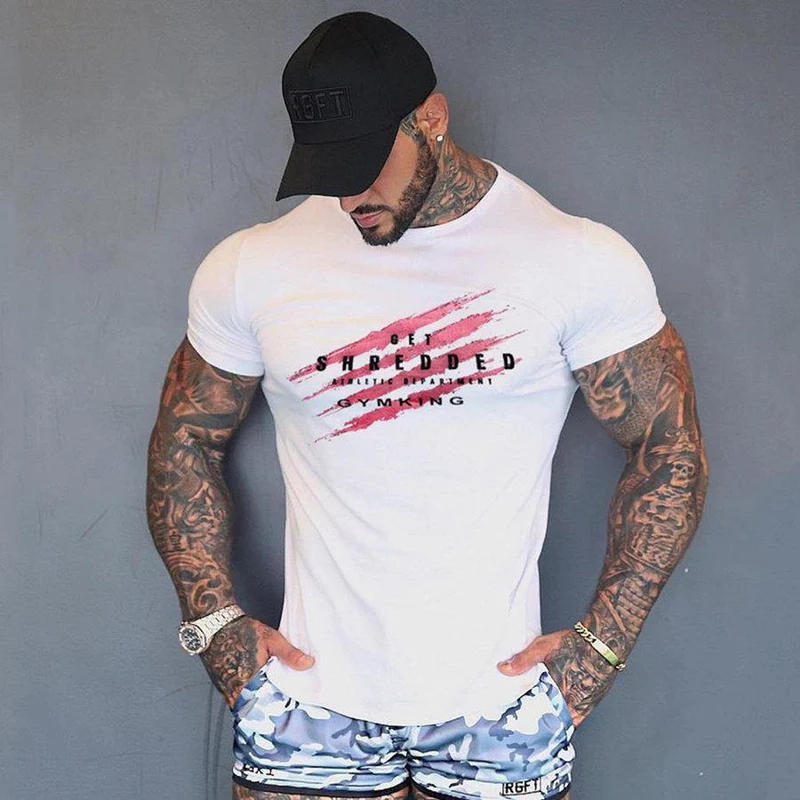 Herren Kurzarm Baumwolle Slim T-Shirt Sommer Casual Print T-Shirt Tops Männer Turnhallen Fitness Bodybuilding Crossfit Markenkleidung