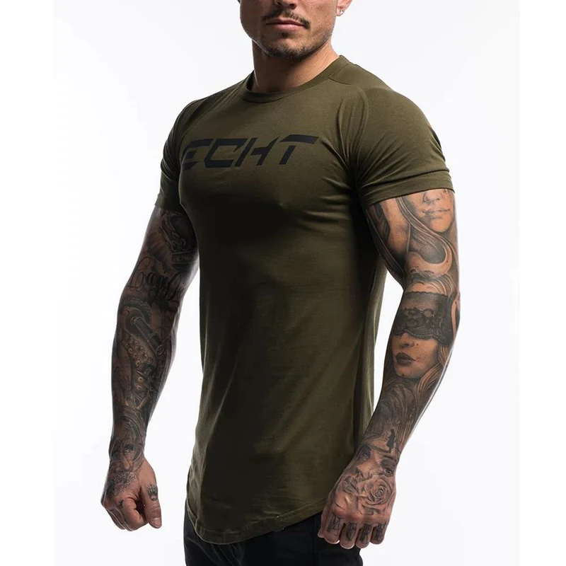 Lässiges T-Shirt mit Baumwolldruck Herren-Fitness-T-Shirt Armee-Grün Männliches Bodybuilding-Training Dünnes T-Shirt Tops Sommerkleidung