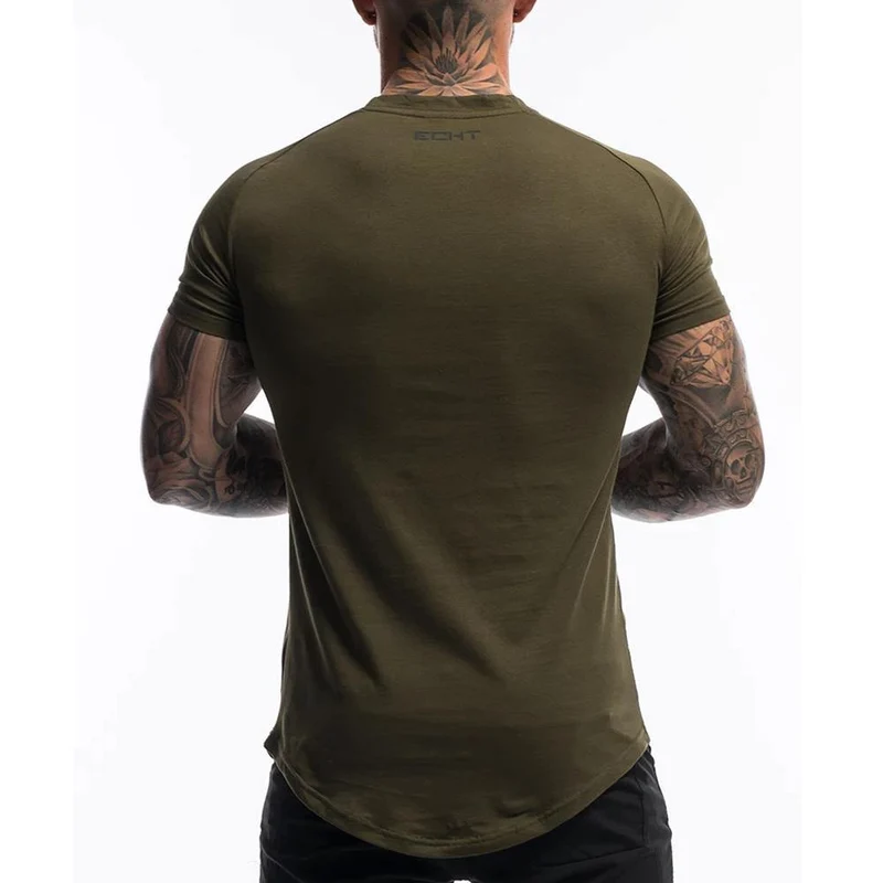 Lässiges T-Shirt mit Baumwolldruck Herren-Fitness-T-Shirt Armee-Grün Männliches Bodybuilding-Training Dünnes T-Shirt Tops Sommerkleidung
