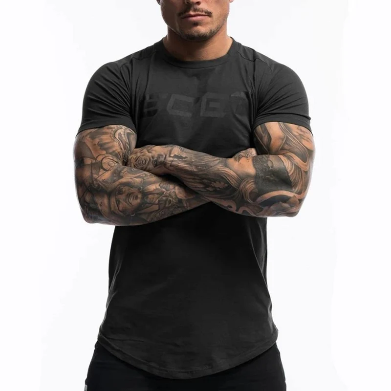 Lässiges T-Shirt mit Baumwolldruck Herren-Fitness-T-Shirt Armee-Grün Männliches Bodybuilding-Training Dünnes T-Shirt Tops Sommerkleidung