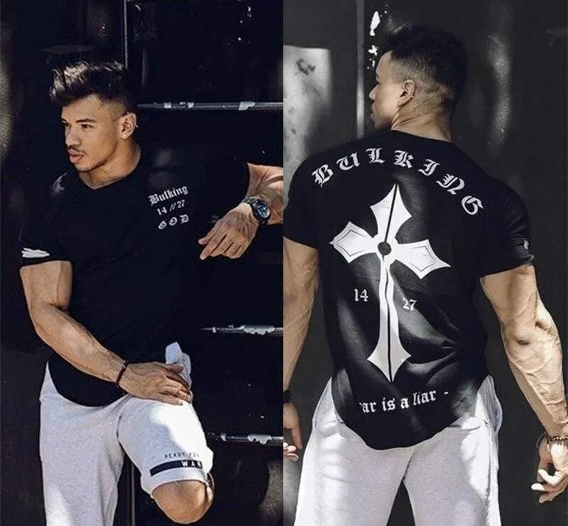 Männer Fitness T-Shirt Kurzarm Baumwolle T-Shirt Muskel Mann Sommer Casual Fashion Kreativität Druck Tee Tops High Street Kleidung