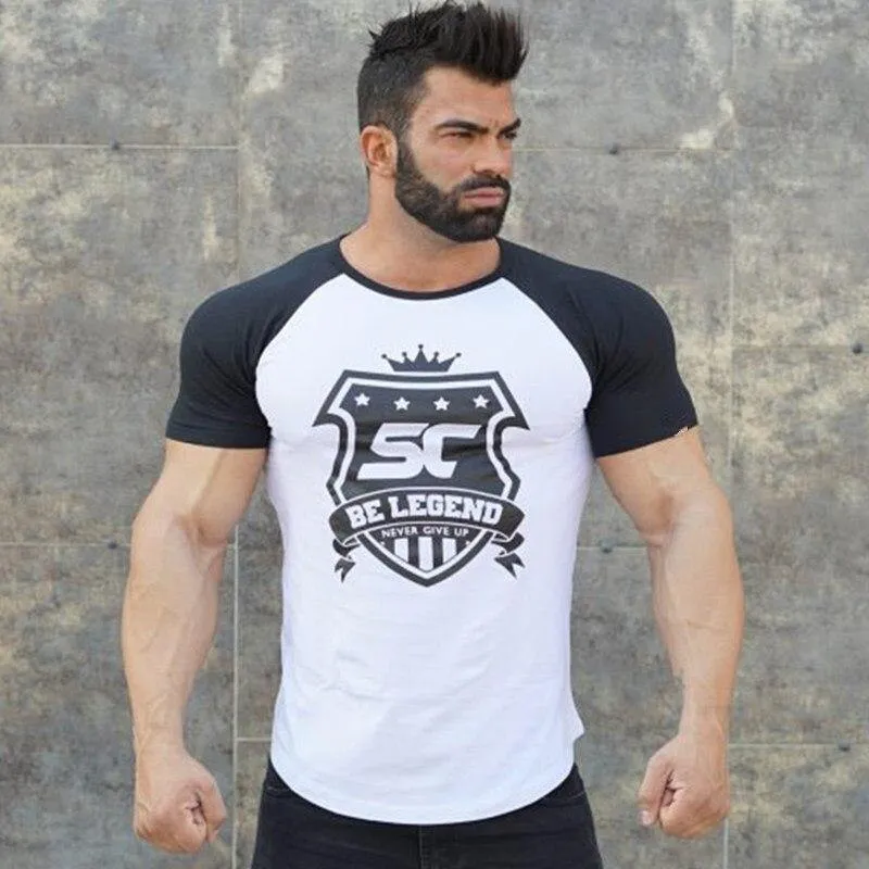 Männer Fitness Bodybuilding Baumwolle T-shirt Fitnessstudios Workout Dünne Patchwork T Shirt Sommer Männlichen Casual Fashion Print T Tops Kleidung