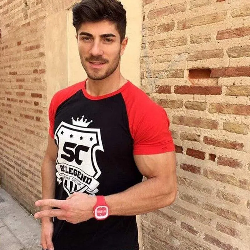 Herren T-Shirt Fitness Bodybuilding Kurzarm Baumwolle Gyms Workout Skinny Patchwork T-Shirt Männlich Casual Jogger Tee Tops Kleidung