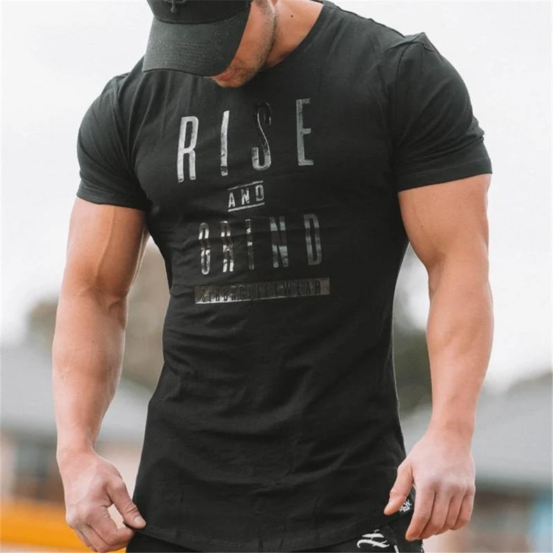 Cotton Casual Kurzarm T-Shirt Männer Turnhallen Fitness Slim T-Shirt Sommer O-Ausschnitt Schwarz Print T-Shirts Männliche Jogger Workout Kleidung