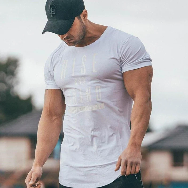 Cotton Casual Kurzarm T-Shirt Männer Turnhallen Fitness Slim T-Shirt Sommer O-Ausschnitt Schwarz Print T-Shirts Männliche Jogger Workout Kleidung