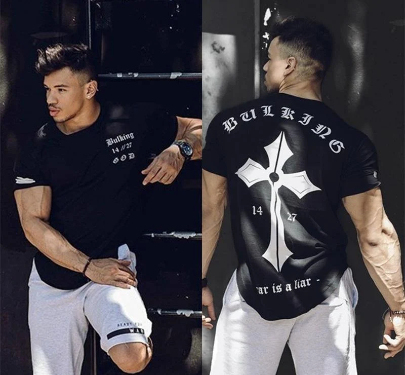 Herren-Fitnessstudios T-Shirt Fitness Bodybuilding Kurzarm Baumwolle T-Shirt Mann Sommer Lässige Mode Druck Schlanke T-Shirts Tops Markenkleidung