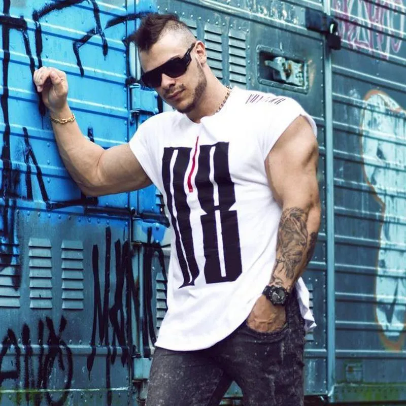 Männer Turnhallen Fitness Kurzarm Baumwolle T-Shirt Muskel Mann Sommer Casual Fashion Persönlichkeit Print T-Shirts High Street Kleidung