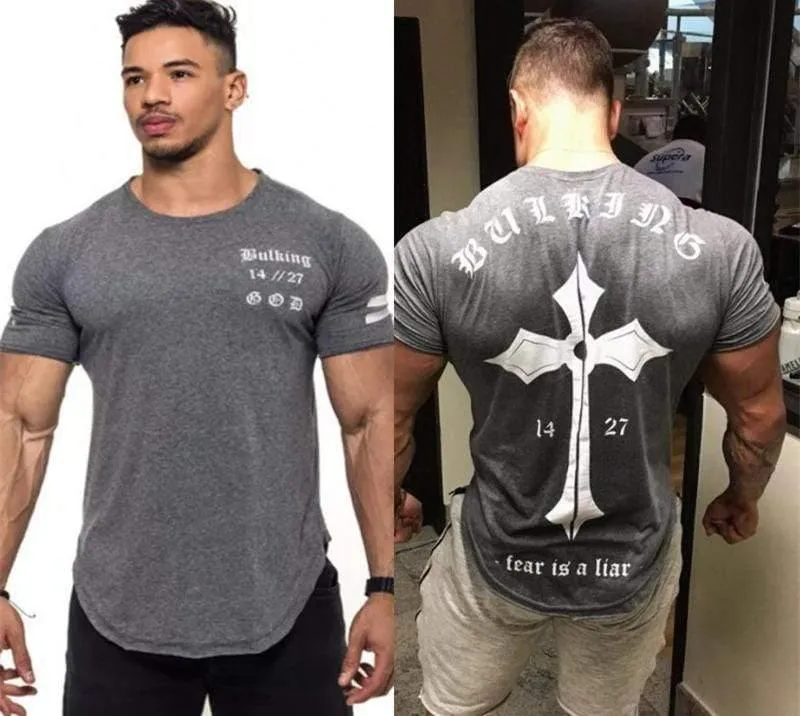 Männer Turnhallen Fitness Kurzarm Baumwolle T-Shirt Muskel Mann Sommer Casual Fashion Persönlichkeit Print T-Shirts High Street Kleidung