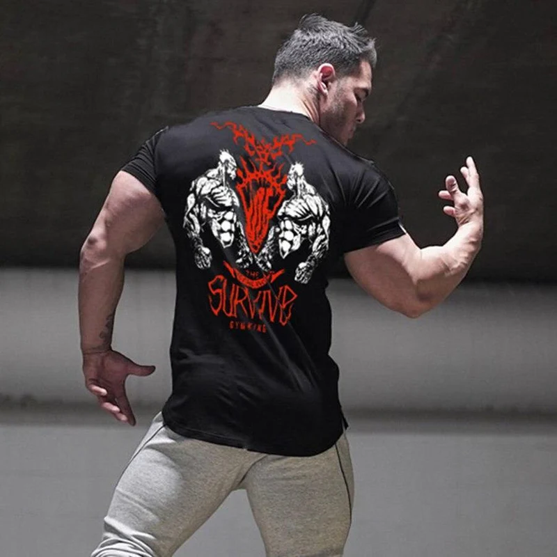 Herren Kurzarm Baumwoll T-Shirt Sommer Casual Print T-Shirt Tops Männliche Fitnessstudios Fitness Bodybuilding Crossfit Workout Kleidung