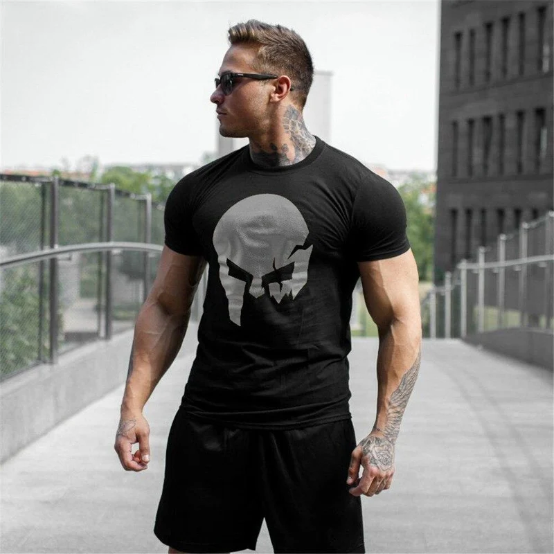 Baumwoll-T-Shirt mit Totenkopf-Print für Herren, Fitnessstudios, Fitness, schmales T-Shirt, Sommer, lässig, schwarz, kurzärmelig, T-Shirt, Tops, männliche Markenkleidung