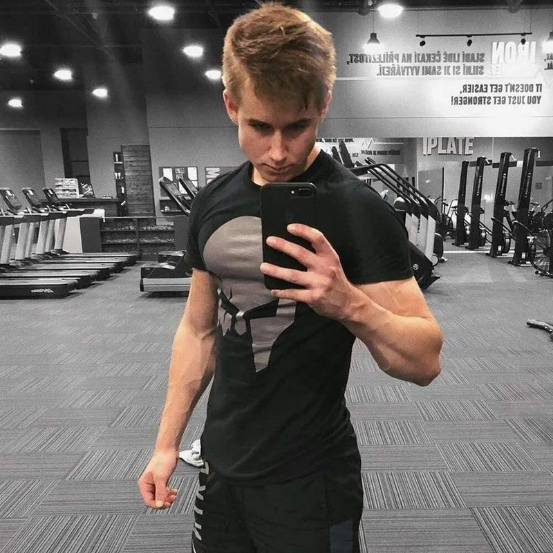 Baumwoll-T-Shirt mit Totenkopf-Print für Herren, Fitnessstudios, Fitness, schmales T-Shirt, Sommer, lässig, schwarz, kurzärmelig, T-Shirt, Tops, männliche Markenkleidung