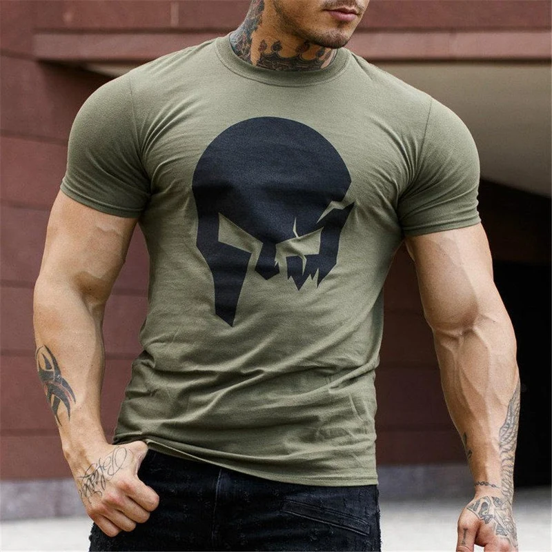 Baumwoll-T-Shirt mit Totenkopf-Print für Herren, Fitnessstudios, Fitness, schmales T-Shirt, Sommer, lässig, schwarz, kurzärmelig, T-Shirt, Tops, männliche Markenkleidung