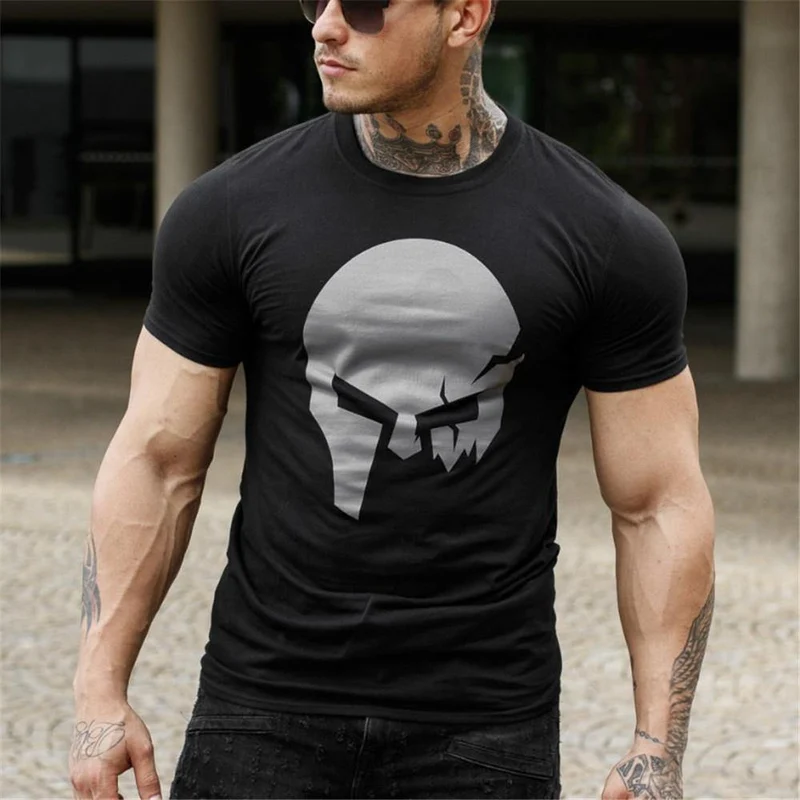 Baumwoll-T-Shirt mit Totenkopf-Print für Herren, Fitnessstudios, Fitness, schmales T-Shirt, Sommer, lässig, schwarz, kurzärmelig, T-Shirt, Tops, männliche Markenkleidung