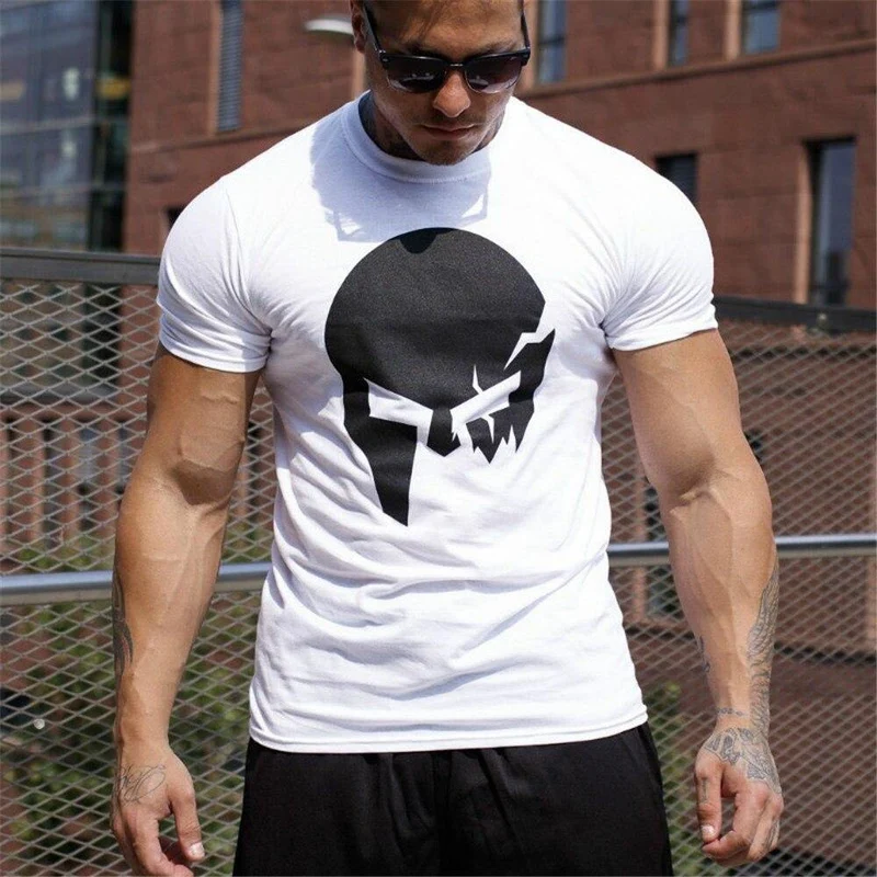 Baumwoll-T-Shirt mit Totenkopf-Print für Herren, Fitnessstudios, Fitness, schmales T-Shirt, Sommer, lässig, schwarz, kurzärmelig, T-Shirt, Tops, männliche Markenkleidung