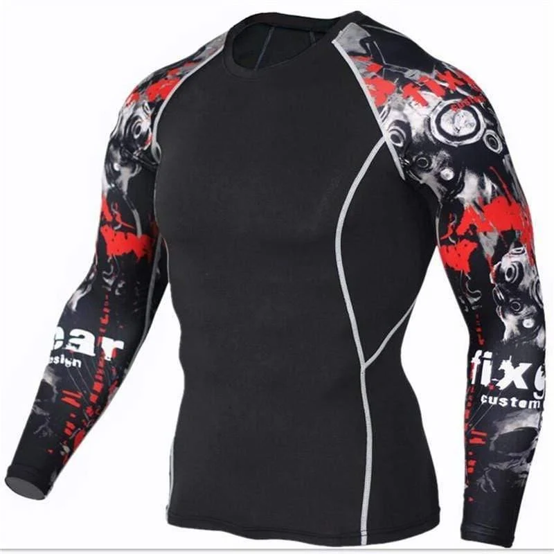 Herren Skinny Langarm T-Shirt Kompression Elastizität Polyester Print T-Shirt Männliche Fitnessstudios Fitness Bodybuilding Jogger T-Shirts Tops