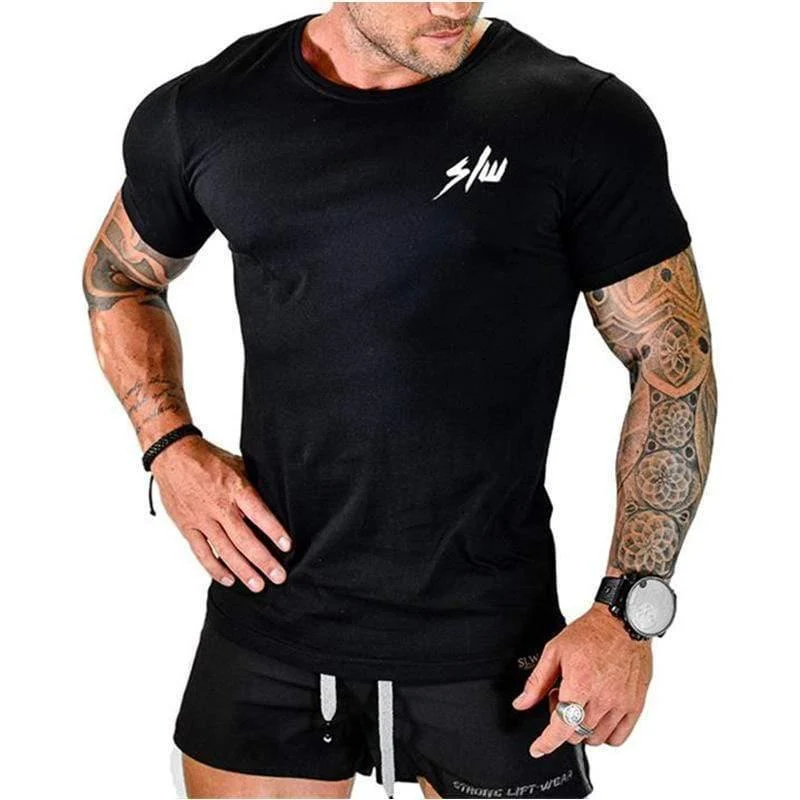 Herren T-Shirt Kurzarm Rundhalsausschnitt Fitness-Studios Fitness Workout Baumwolle T-Shirt Männlich Casual Fashion Slim Fit Schwarz T-Shirts Tops Markenkleidung