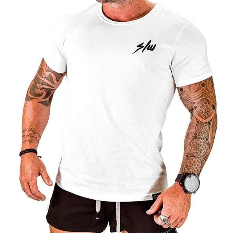 Herren T-Shirt Kurzarm Rundhalsausschnitt Fitness-Studios Fitness Workout Baumwolle T-Shirt Männlich Casual Fashion Slim Fit Schwarz T-Shirts Tops Markenkleidung