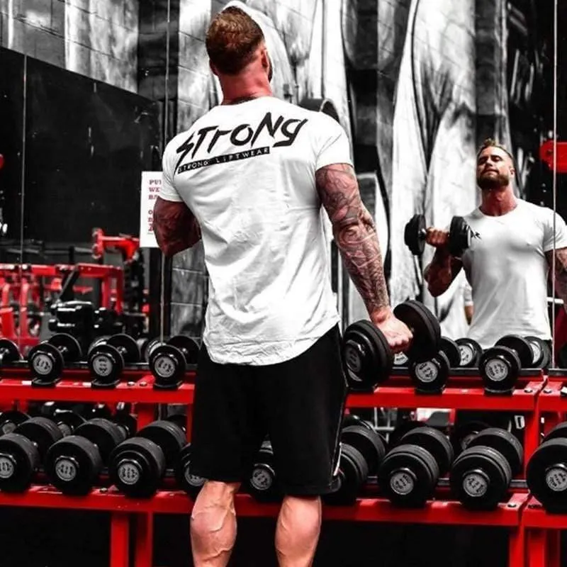 Herren T-Shirt Kurzarm Rundhalsausschnitt Fitness-Studios Fitness Workout Baumwolle T-Shirt Männlich Casual Fashion Slim Fit Schwarz T-Shirts Tops Markenkleidung