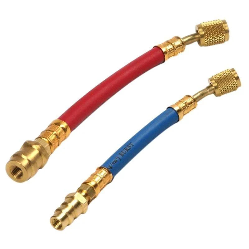 2 Stück Hoch- und Niederdruck-R12-zu-R134A-Schlauchadapter zur passenden Verwendung mit R134A-Messgeräten, Auto-Klimaanlagen-Set (rot, 12 cm)