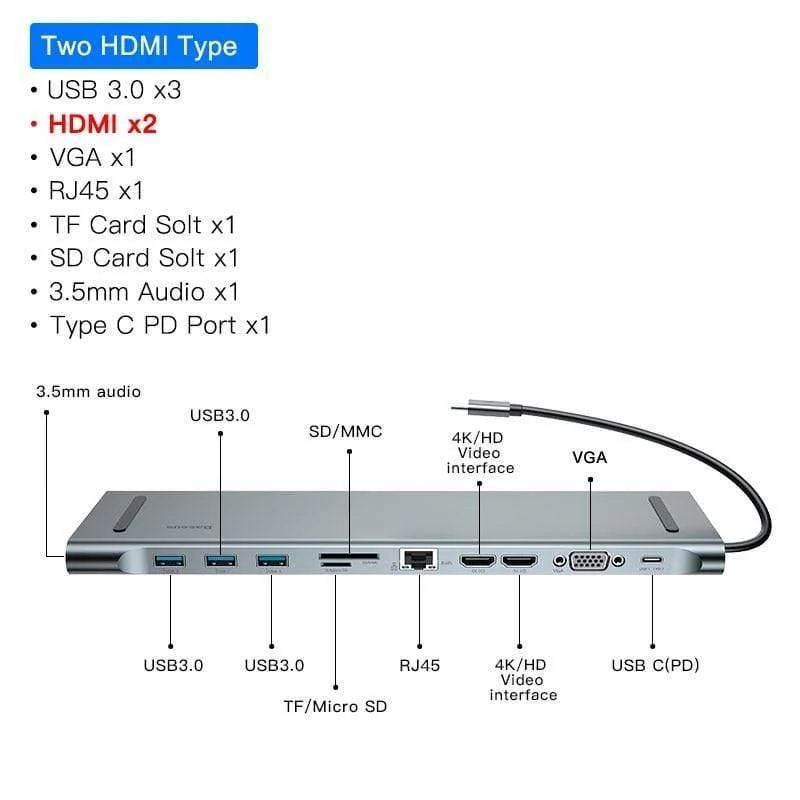 Baseus USB Typ C HUB bis 3.0 USB HDMI RJ45 USB HUB für MacBook Pro Zubehör USB Splitter Multi 11 Anschlüsse Typ C HUB USB-C HUB