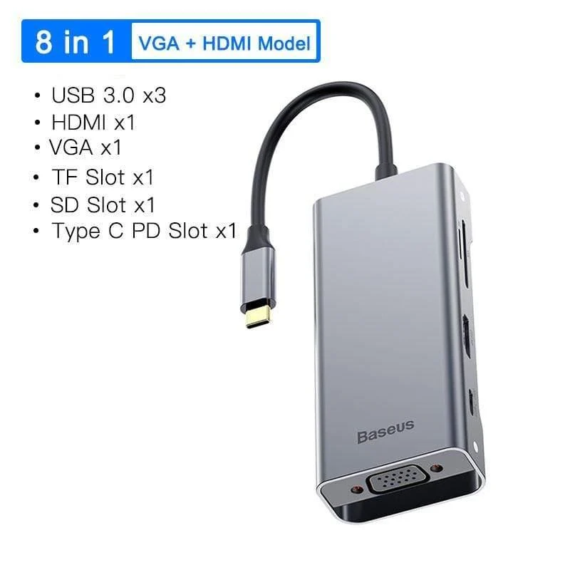 Baseus Multi USB C HUB zu HDMI USB 3.0 SD TF Kartenleser VGA Adapter USB Splitter für MacBook Pro Air Typ C Lade USB C Dock (8 in 1 USB C HUB)