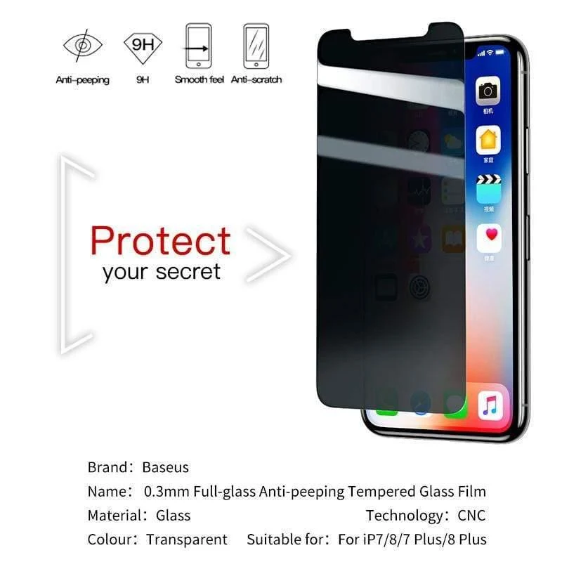 Baseus 0.3 mm Anti-Privacy-Bildschirm Gehärtetes Glas für iPhone 8 7 Plus 3D-Schutzglas für iPhone 7 8 Glas