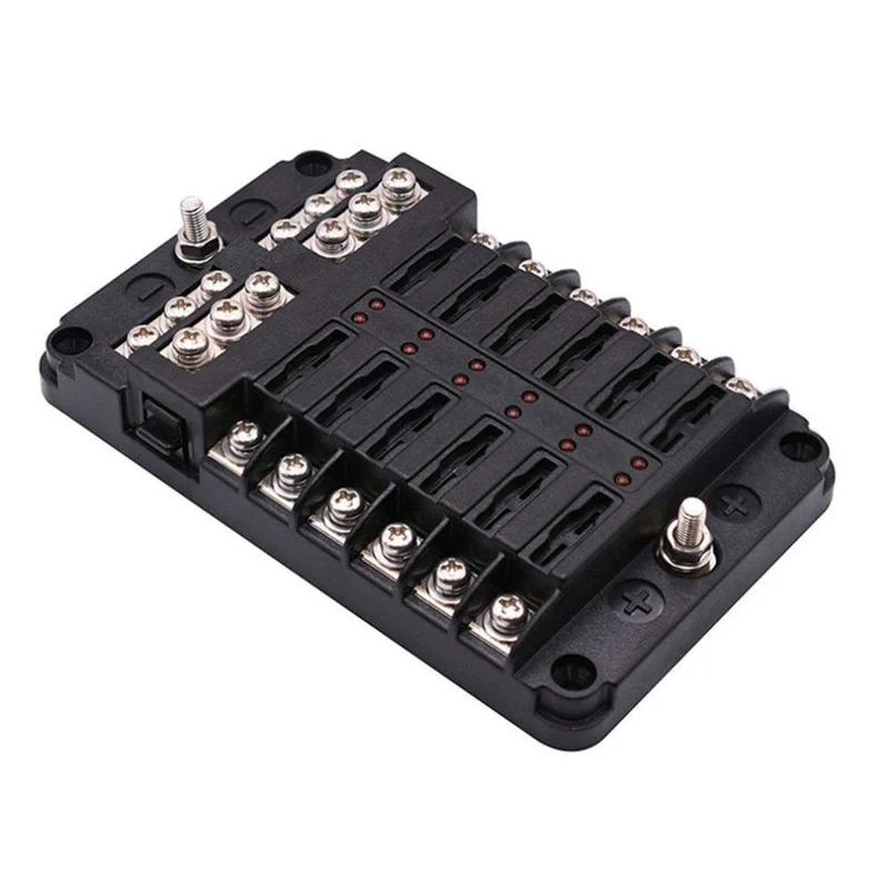 12-Wege-Sicherungskasten, Flachsicherungsblockhalter, Schraubmutterklemme mit Minuspol, 5 A, 10 A, 15 A, 20 A, freie Sicherungen, LED-Anzeige
