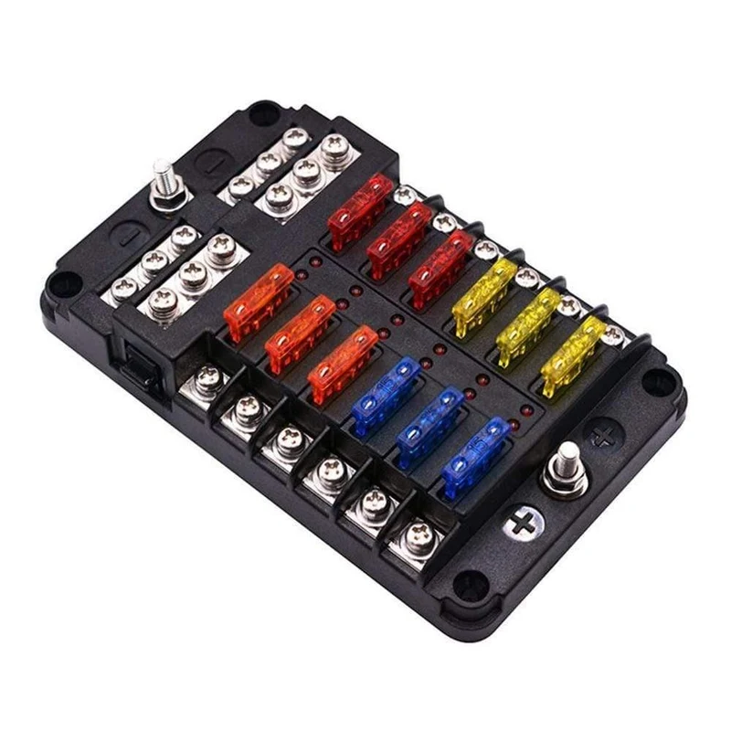 12-Wege-Sicherungskasten, Flachsicherungsblockhalter, Schraubmutterklemme mit Minuspol, 5 A, 10 A, 15 A, 20 A, freie Sicherungen, LED-Anzeige