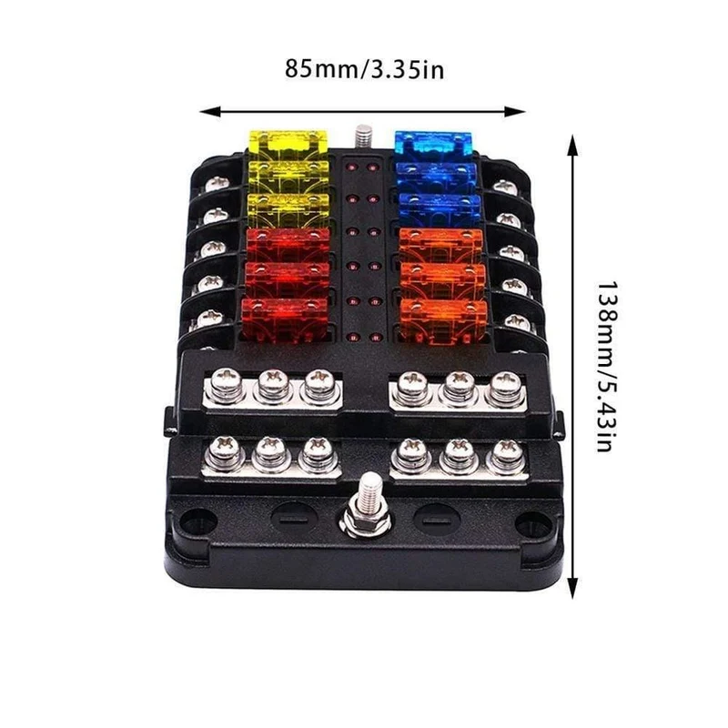 12-Wege-Sicherungskasten, Flachsicherungsblockhalter, Schraubmutterklemme mit Minuspol, 5 A, 10 A, 15 A, 20 A, freie Sicherungen, LED-Anzeige