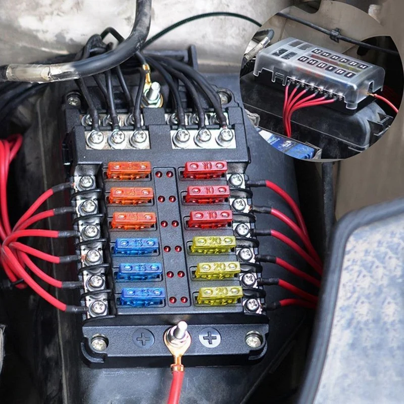 12-Wege-Sicherungskasten, Flachsicherungsblockhalter, Schraubmutterklemme mit Minuspol, 5 A, 10 A, 15 A, 20 A, freie Sicherungen, LED-Anzeige