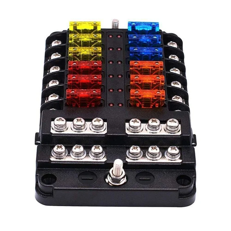 12-Wege-Sicherungskasten, Flachsicherungsblockhalter, Schraubmutterklemme mit Minuspol, 5 A, 10 A, 15 A, 20 A, freie Sicherungen, LED-Anzeige