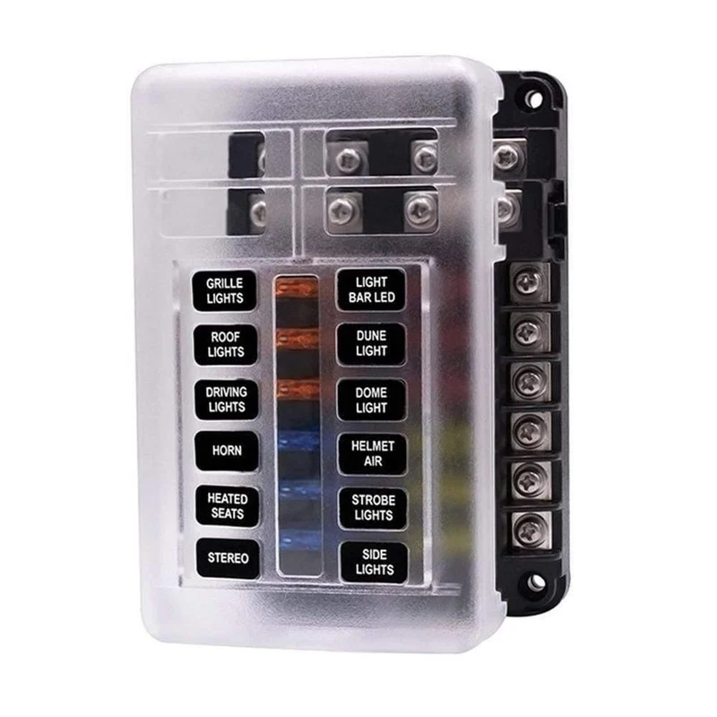 12-Wege-Sicherungskasten, Flachsicherungsblockhalter, Schraubmutterklemme mit Minuspol, 5 A, 10 A, 15 A, 20 A, freie Sicherungen, LED-Anzeige