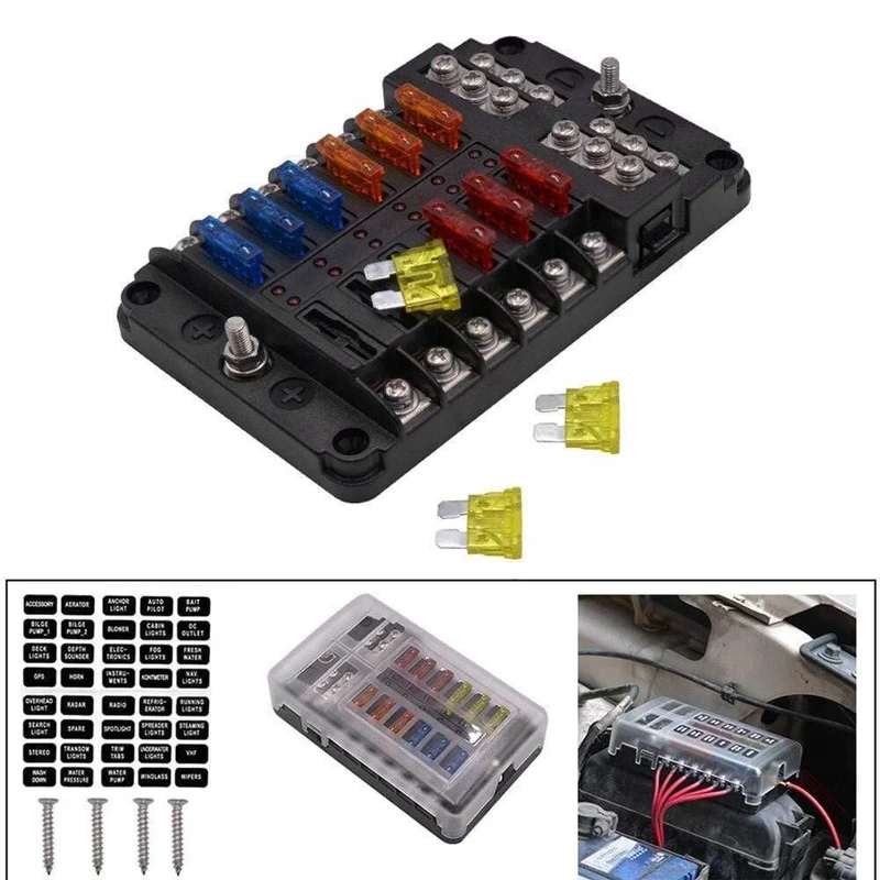 Universal Car Blade Sicherungskasten Sicherungsblockhalter für Kraftfahrzeuge DC32V 1-12 Way mit LED-Anzeigen
