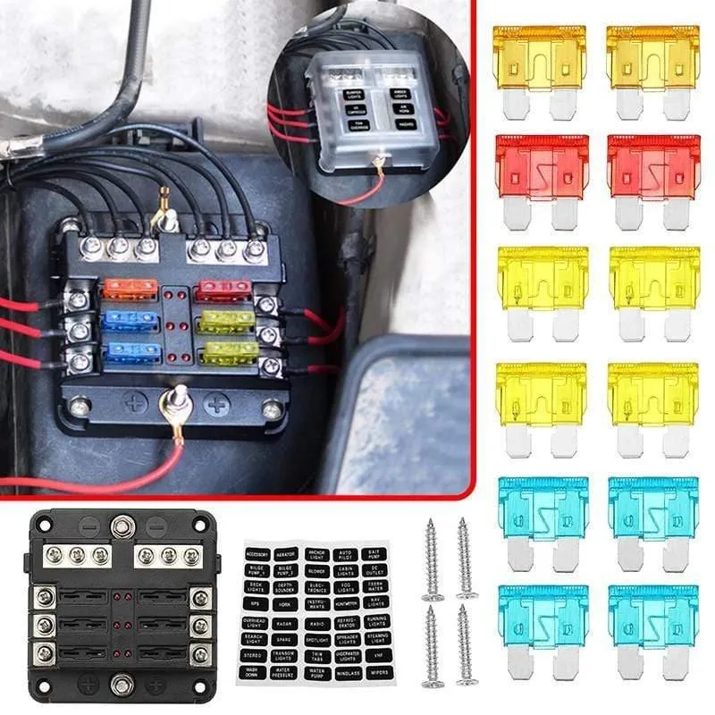 6Way 12V 24V Auto Car Stromverteilungsblatt Sicherungshalter Box Block Panel Board Sicherungskasten mit LED-Anzeige 1 in und 6 out