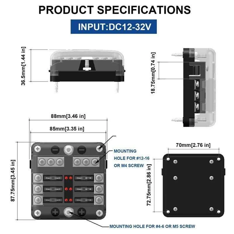 6Way 12V 24V Auto Car Stromverteilungsblatt Sicherungshalter Box Block Panel Board Sicherungskasten mit LED-Anzeige 1 in und 6 out