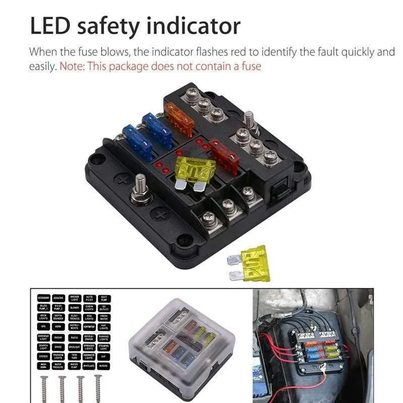 6Way 12V 24V Auto Car Stromverteilungsblatt Sicherungshalter Box Block Panel Board Sicherungskasten mit LED-Anzeige 1 in und 6 out