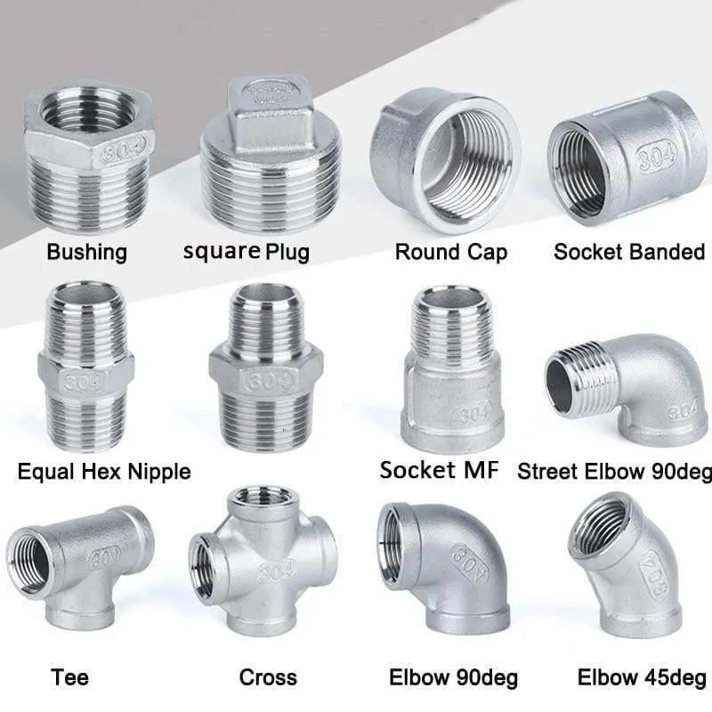 1/4 bis 3/4 Zoll SS304 Edelstahl-Gewindebogen-Kreuznippel-Rohrstopfen-T-Stück-Kappen-Endrohr-Fitting-Nippel