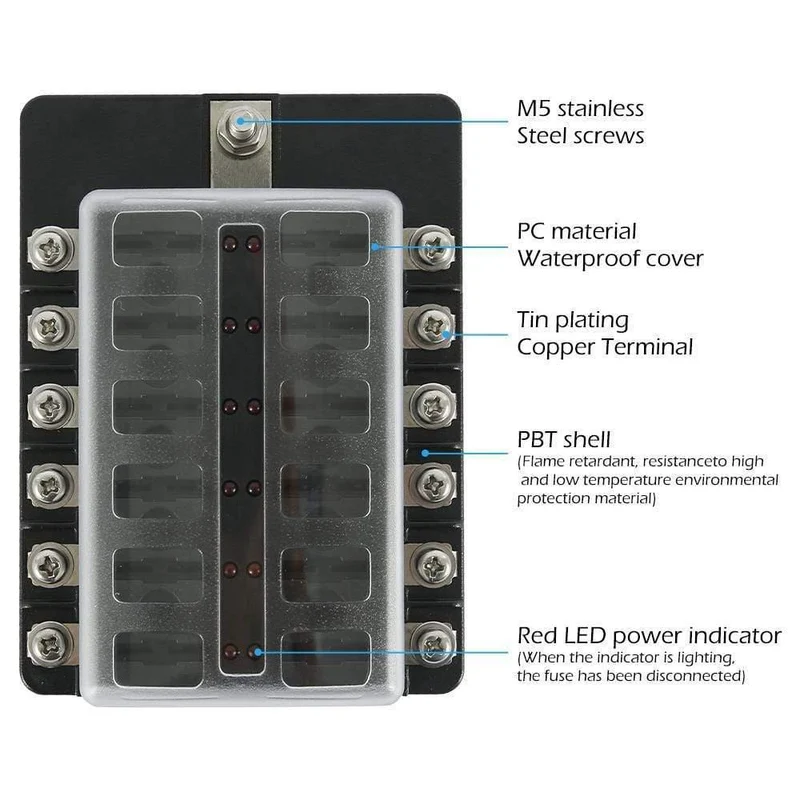 12-Wege-Sicherungskasten mit Minuspol, Halterblock für Flachsicherungen mit LED-Anzeige für Boot, Van, Auto, LKW, Marine