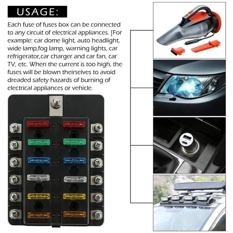 12-Wege-Sicherungskasten mit Minuspol, Halterblock für Flachsicherungen mit LED-Anzeige für Boot, Van, Auto, LKW, Marine