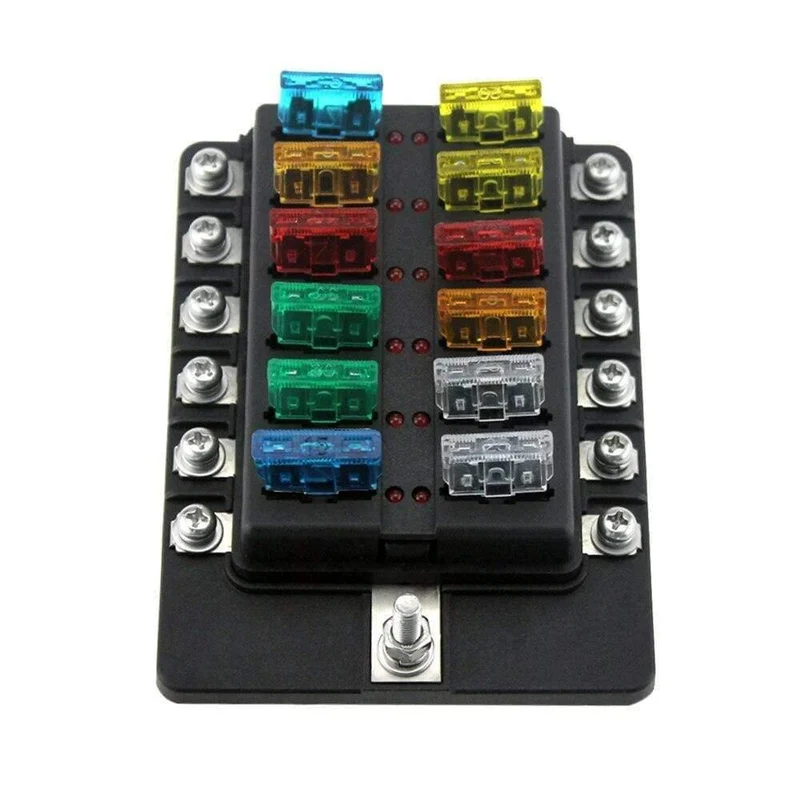 12-Wege-Sicherungskasten mit Sicherungshalter, Sicherungsblöcke mit roter LED-Anzeige, 10 Sicherungen, 10 Klemmen für Auto, Boot, Caravan, LKW, 12 V, 24 V