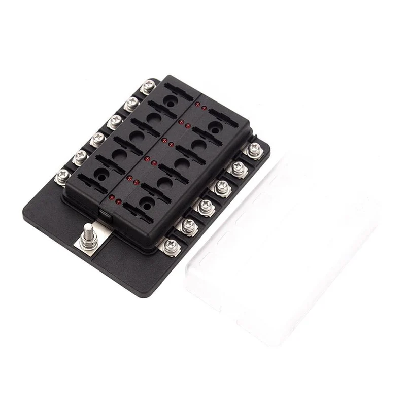 12-Wege-Sicherungskasten mit Sicherungshalter, Sicherungsblöcke mit roter LED-Anzeige, 10 Sicherungen, 10 Klemmen für Auto, Boot, Caravan, LKW, 12 V, 24 V