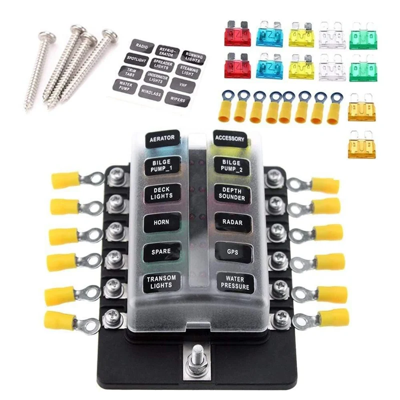 12-Wege-Sicherungskasten mit Sicherungshalter, Sicherungsblöcke mit roter LED-Anzeige, 10 Sicherungen, 10 Klemmen für Auto, Boot, Caravan, LKW, 12 V, 24 V