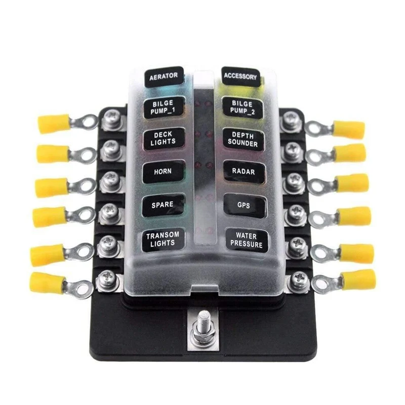 12-Wege-Sicherungskasten mit Sicherungshalter, Sicherungsblöcke mit roter LED-Anzeige, 10 Sicherungen, 10 Klemmen für Auto, Boot, Caravan, LKW, 12 V, 24 V